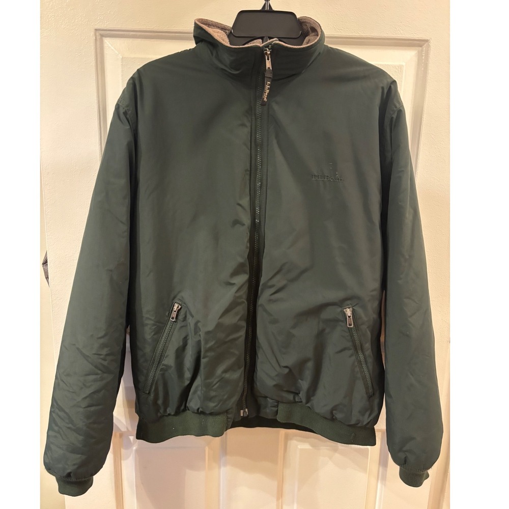 LL Bean Warm Up Jacket Mens Large Green Fleece Lined Nylon Bomber 0 UF43